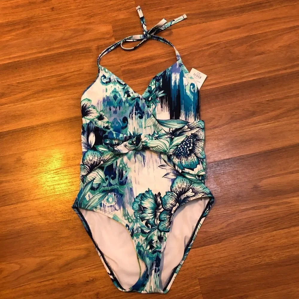 Apt.9 one piece swim suit - white, blue, green floral print size S